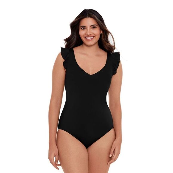 Time and Thru Women’s Ruffled Sleeve Black One Piece Swimsuit. Size M(8-10). NEW - Picture 1 of 8